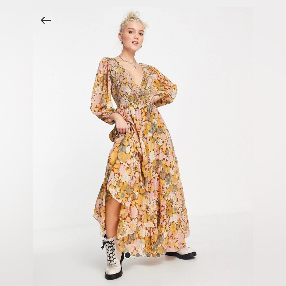 ASOS DESIGN shirred wrap tiered skirt maxi dress in mustard floral